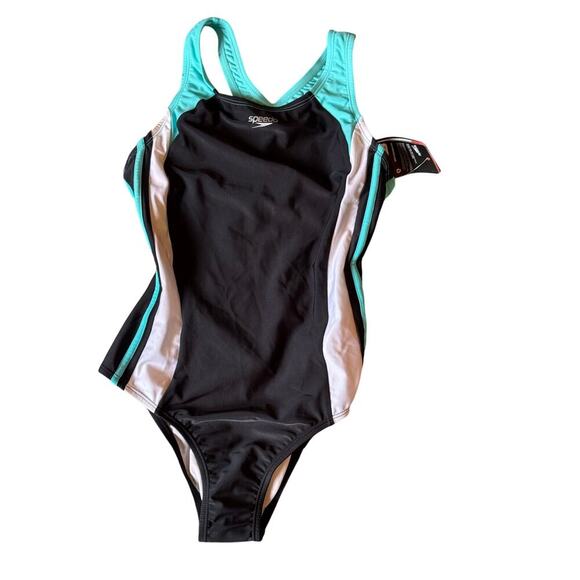 Speedo Youth Sea Level One-Piece Swimsuit Black Aqua White Size 16 NWT - Picture 1 of 5